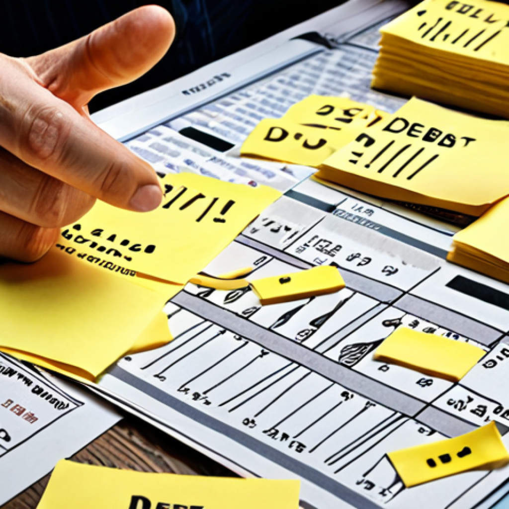 **

A person meticulously creating a "debt map" with sticky notes and financial documents spread across a table, symbolizing organization and awareness of their financial situation. Focus on the details – interest rates, due dates, and amounts owed clearly visible on the notes.

**