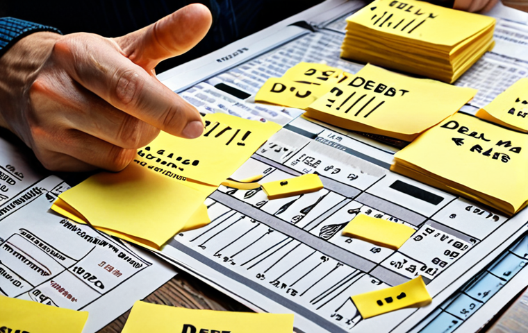 **

A person meticulously creating a "debt map" with sticky notes and financial documents spread across a table, symbolizing organization and awareness of their financial situation. Focus on the details – interest rates, due dates, and amounts owed clearly visible on the notes.

**