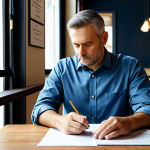 A thoughtful, professional male small business owner, fully clothed in a modest, professional business shirt, sits at a small table in his clean, but quiet, local cafe. He is reviewing financial documents with a concerned expression, hands gently clasped. The cafe environment is simple and orderly, subtly conveying a sense of current economic quietness rather than bustling activity. The scene emphasizes the personal responsibility and impact of financial challenges. Professional photography, natural soft lighting, high detail, perfect anatomy, correct proportions, natural pose, well-formed hands, proper finger count, natural body proportions, safe for work, appropriate content, fully clothed, professional, modest, family-friendly.
