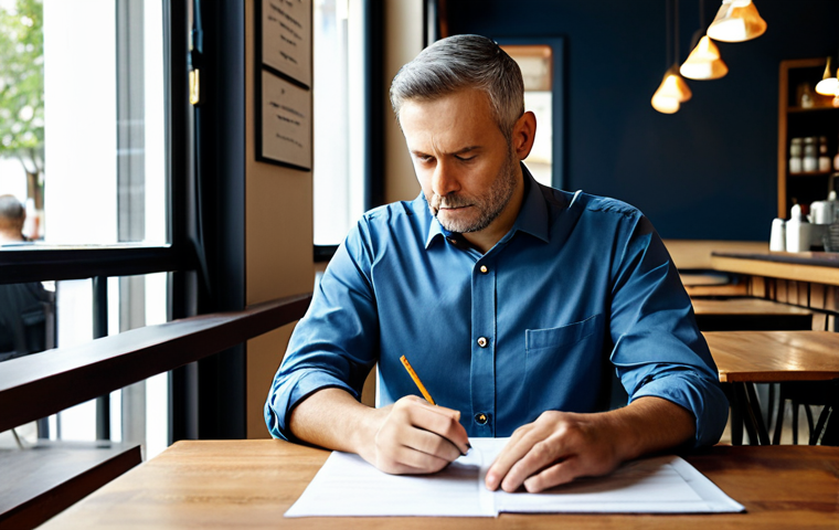 A thoughtful, professional male small business owner, fully clothed in a modest, professional business shirt, sits at a small table in his clean, but quiet, local cafe. He is reviewing financial documents with a concerned expression, hands gently clasped. The cafe environment is simple and orderly, subtly conveying a sense of current economic quietness rather than bustling activity. The scene emphasizes the personal responsibility and impact of financial challenges. Professional photography, natural soft lighting, high detail, perfect anatomy, correct proportions, natural pose, well-formed hands, proper finger count, natural body proportions, safe for work, appropriate content, fully clothed, professional, modest, family-friendly.